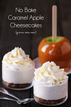 no bake caramel apple cheesecakes in small glass dishes