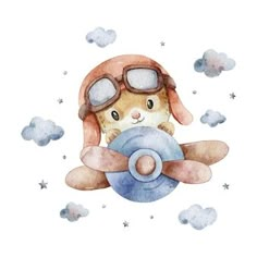 a watercolor drawing of a bunny flying in an airplane