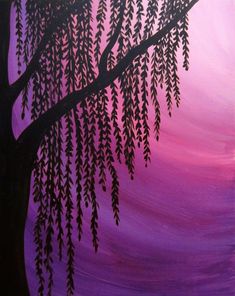 a painting of a tree in front of a purple sky with leaves hanging from it's branches