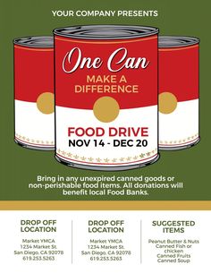 a flyer for a food drive with two cans of food on the front and back