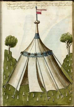 an old drawing of a tent with trees in the background