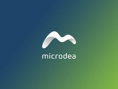 the logo for microdea is shown on a green and blue background with white waves