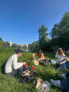 several people sitting in the grass near water