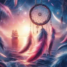 a painting of a ship in the ocean with dream catchers