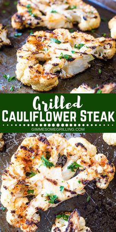 grilled cauliflower steak with parsley on top and the words grilled cauliflower steak above it