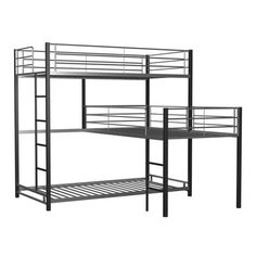 a black metal bunk bed with two levels and ladders on the bottom, against a white background