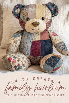 A cozy Heritage Hug Bear made from patches of family members' clothing, featuring a variety of colors and textures. The teddy bear is designed as a sentimental keepsake, perfect for preserving family memories. *We may earn a small commission from your purchase. Shirt Teddy Bear Keepsake, Clothing Keepsake Diy, Quilted Teddy Bear Pattern, Memory Cat Pattern Free, Keepsake Bear Pattern, Things To Make With Loved Ones Clothing, Making A Teddy Bear, How To Sew A Bear, Memory Bear Ideas