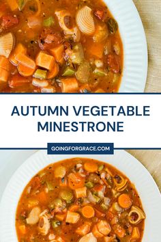 two bowls of vegetable mines with text overlay that reads autumn vegetable minetrone