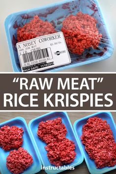 raw meat and rice krispies in blue trays with text overlay reading raw meat rice krispies