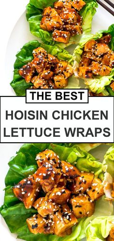 the best hoisin chicken lettuce wraps on a white plate with chopsticks