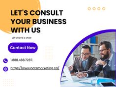 an advertisement for a business meeting with two men working at a table and the caption says, let's consult your business with us contact now