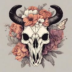 a bull skull with flowers and butterflies on it's head is surrounded by roses