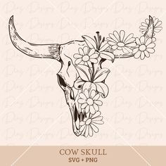 a cow skull with flowers on it's head and the words cow skull svg - png