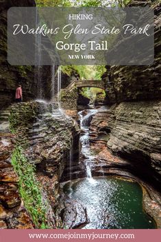 a waterfall in the middle of a gorge with text overlaying it that reads hiking wa