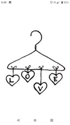 a drawing of hearts hanging from a clothes hanger with the word love on it