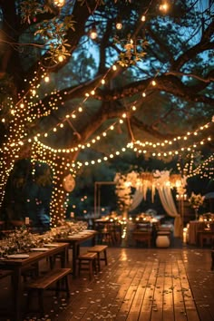 an outdoor dining area with lights strung from the trees and tables set up for dinner