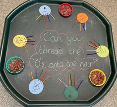 a blackboard with writing on it that says can you thread the o's onto the hair?