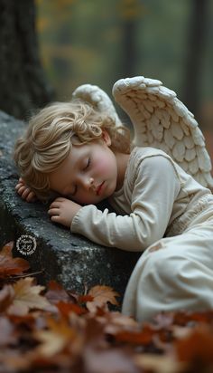 a little angel sleeping on top of a rock