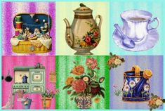 there are many different pictures with flowers and vases on them, including one that has an old fashioned teapot