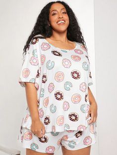 Plus Donut Print PJ Set Multicolor   Half Sleeve Knitted Fabric All Over Print Short Sets Medium Stretch  Women Plus Sleep and Lounge, size features are:Bust: ,Length: ,Sleeve Length: Plus Size Pajamas, Short Pj Set, Pyjama Set, Pajama Sets, Short Set, Pj Sets, Leather Leggings, Plus Size Casual, Sleepwear Women