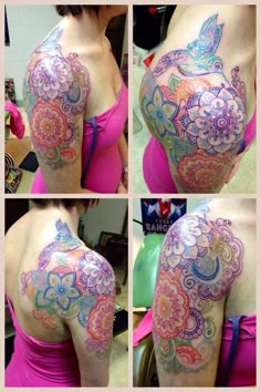 the back of a woman's breast with colorful tattoos on her arm and shoulder