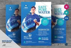 a set of three water flyer templates with a man holding a plastic bottle in his hand