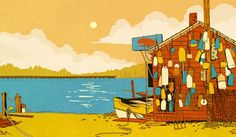 an illustration of a house on the beach with clothes hanging out to dry