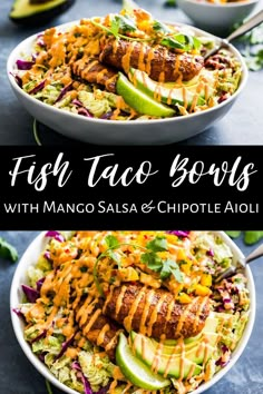 fish taco salad with mango salsa and chipotle aioli on the side