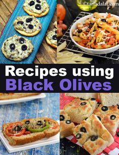 several different pictures with the words recipes using black olives on them and in front of them