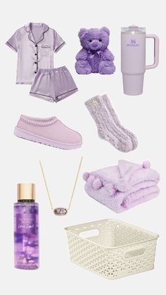 purple items are arranged on a white background and include a teddy bear, slippers, socks, mug, sweater, bottle, necklace, cup, bracelet