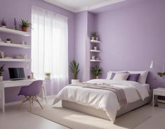 a bedroom with purple walls, white furniture and plants on the shelf above the bed