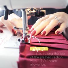 a woman is using a sewing machine to sew on a red cloth with the words stitch along the top of the pleated section