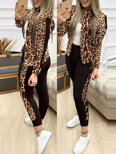 Cor: Leopardo, Preto, Azul, Castanho-aloirado, Cinza, Verde, Vermelho, Lantejoulas Pretas, Café; Tamanho: S, M, L, XL Baddie Instagram, Jogging Suits, Celana Fashion, Two Pieces Set Outfits, Sport Suit Women, Mid Waist Pants, Straight Clothes, Leisure Suit, Jogging Suit