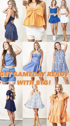 a collage of photos showing different types of women's clothing and the words get game ready with big