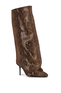 These statement stiletto boots feature a brown faux snakeskin fabrication, a mid-calf length and a uniquely slouched, sculptural silhouette on the shaft. Step out in confidence with this versatile and fashionable addition to your footwear collection. Nichole Lynel, Fashion Entrepreneur, Platform Combat Boots, Entrepreneur Fashion, Soul Mates, Pointed Toe Boots, Stiletto Boots, Plus Size Shopping, Sandals For Sale