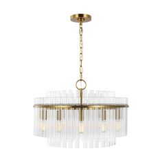 a chandelier hanging from the ceiling with clear glass rods and gold trimmings