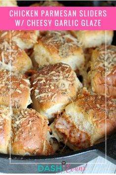 chicken parmesan sliders with cheesy garlic glaze in a cast iron skillet