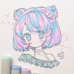 a drawing of a girl with pink hair and blue eyes is shown in front of some markers