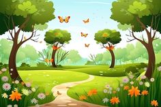 an image of a beautiful nature scene with flowers and butterflies on the trees in the foreground