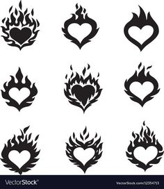 heart and flames icons set on white background