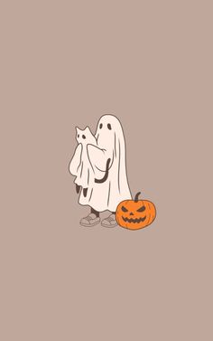 a cartoon ghost and a pumpkin on a brown background