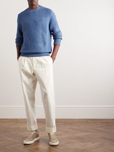 DESIGNED BY MR PORTER. Mr P. works with some of Italy's most-respected mills to create its clothing. This sweater is crafted from soft cotton and knitted with abstract ribbing. The 'Denim' tone will complement so many pieces you already own. Coastal Grandson, Canvas Shoes Outfit, Sweater Outfits Men, Light Blue Sweatshirt, Mr P, Mens Casual Outfits Summer, Designer Knitwear, Sweater For Men, Men Trousers