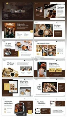 the website design for cafe and coffee shop is shown in brown, yellow and white colors