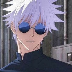 an anime character with white hair and blue glasses looking at something in front of him