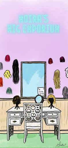 two women sitting at a table in front of a mirror with the words mozza's wig emporium on it