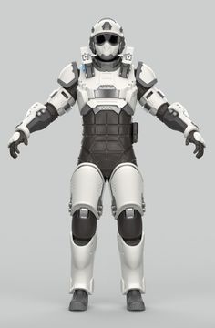 a white and black robot standing in front of a gray background