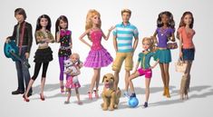 a group of barbie dolls standing next to each other in front of a white background