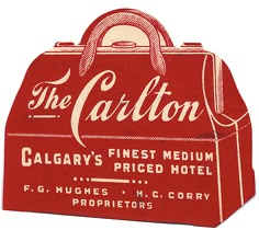 the carlton luggage sign is red with white lettering and an image of a woman's purse