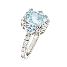 Ross-Simons - 3.10ct t. w. Aquamarine, .49ct t. w. Diamond Ring in 14kt White Gold. Size 6. A splash of icy flair never goes unnoticed, and this ring is no exception. Emerald-cut and triangular aquamarines, 3.10 ct. t. w., scintillate at the center, alight by .49 ct. t. w. round brilliant-cut diamonds glittering along their edges and adorning the sleek band. Crafted in 14kt white gold. 3/8" wide. Diamond and aquamarine ring. Aquamarine birthstones are the perfect gift for March birthdays. March Birthdays, Dream Wedding Ring, Aquamarine Birthstone, March Birthday, Diamond Glitter, Aquamarine Ring, Aqua Marine, Aquamarine Rings, Round Brilliant Cut Diamond