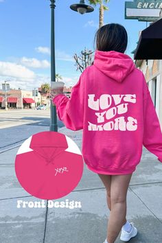 Cuddle up in warmth and love this Valentine's Day with our ultra-soft and comfortable Love You More hoodie. Crafted from the highest quality of cotton, this hoodie will keep you warm and cozy on those chilly winter days. Show your love and appreciation with a stylish look this holiday season with this one-of-a-kind hoodie. Valentine's Day Pink Sweatshirt With Letter Print, Valentines Day Hoodie, Cute Pink Sweatshirt For Valentine's Day, Valentine Hoodie, Casual Pink Valentine's Day Sweatshirt, Valentine’s Day Hoodie, Sweatshirt Trendy, Galentines Day, Retro Font